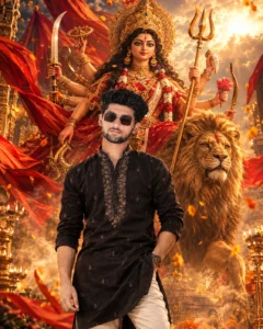Durga Puja Poster Prompts featuring Maa Durga and her majestic lion