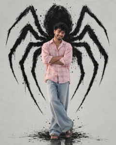 AI Spider Poster Prompts with a giant spider surrounded by red smoke