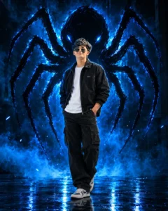 AI Spider Poster Prompts featuring a giant spider shadow in a cinematic setting