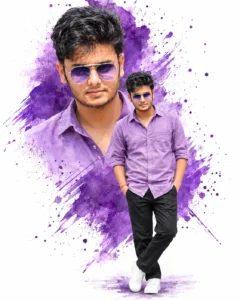 Man wearing a lavender shirt with purple paint splashes on a white background