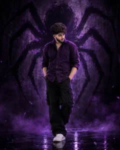Man wearing a dark-purple shirt with a giant spider shadow on a textured wall