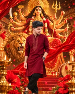 Durga Puja Poster Prompts featuring a red and gold royal festive design