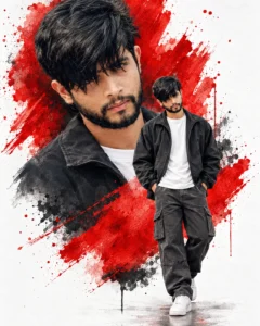 Man in a black streetwear outfit with bold red watercolor brush strokes