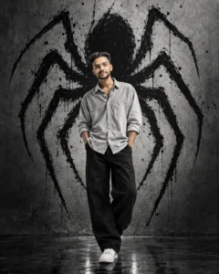Man in a silver-gray oversized shirt with a large black spider on a metallic background