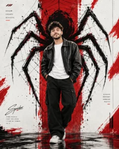 Man in a black jacket with an artistic spider and geometric web on a red-and-white background