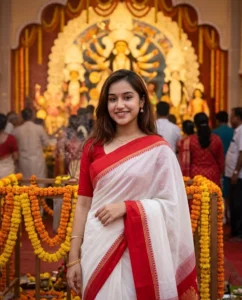 Navratri AI Photo Prompts featuring a traditional white and red outfit at a festive pandal