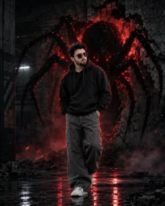 Man wearing a black hoodie in an industrial setting with a spider emerging from a concrete wall
