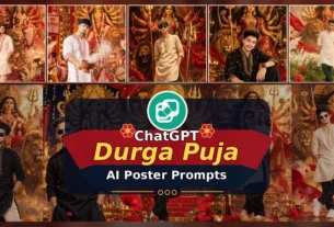 Durga Puja Poster Prompts featuring Maa Durga and a stunning Bengali festive design