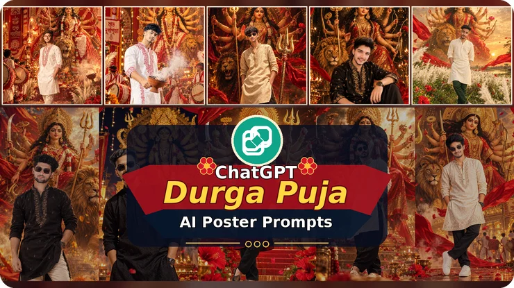 Durga Puja Poster Prompts featuring Maa Durga and a stunning Bengali festive design